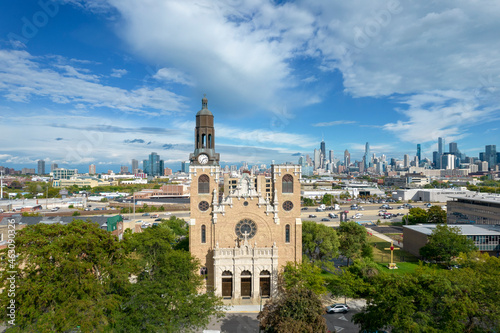 Aerial View of Church and Chicago Skyline