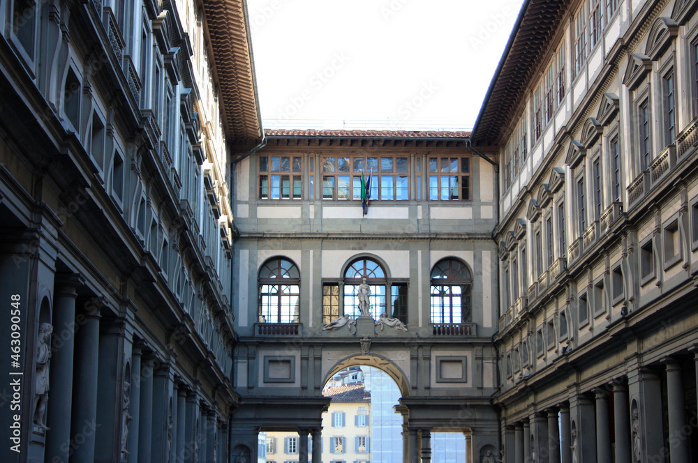 exterior detail of the touristic and artistic Uffizi Gallery in Florence