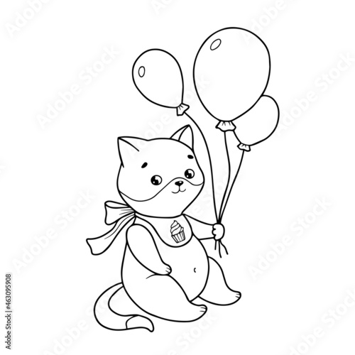 Сute kitten with balloons. Illustration for coloring page. Color book for kids.