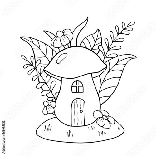 Cute mushroom with leaves and flowers. Illustration on a white isolated background. For coloring book pages.