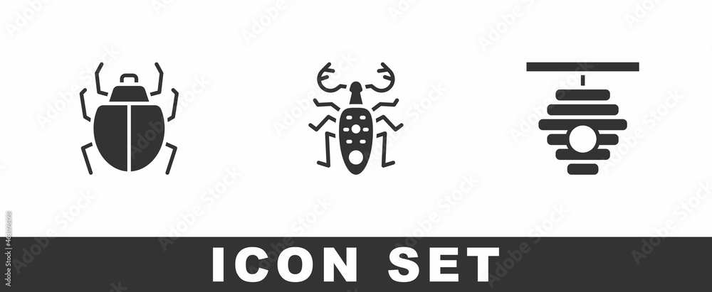 Set Mite, Beetle deer and Hive for bees icon. Vector