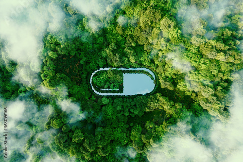 A pill-shaped water surface in the middle of lush nature serving as a metaphor for alternative healing and nature-based medicines. 3d rendering. photo