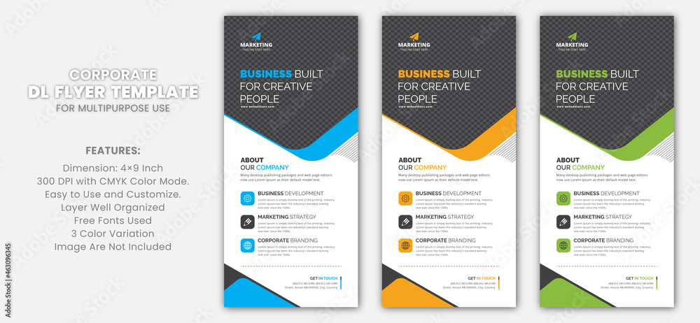 Professional Unique Corporate DL Flyer Rack Card Template for Multipurpose Use with Blue, Yellow, and Green Color Variations