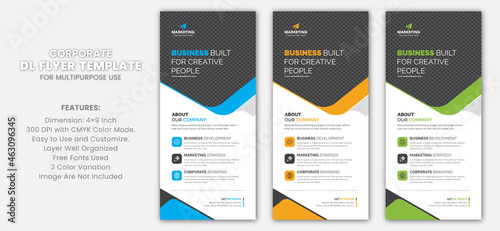 Professional Unique Corporate DL Flyer Rack Card Template for Multipurpose Use with Blue, Yellow, and Green Color Variations