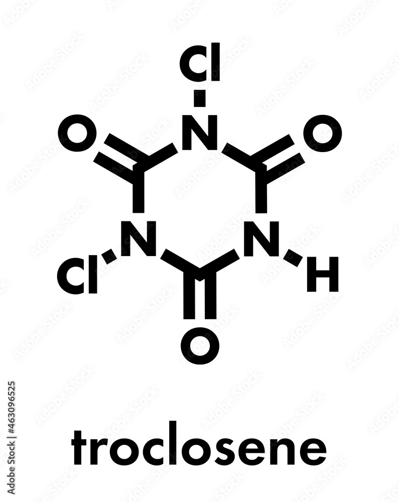 Troclosene (dichloroisocyanuric acid) molecule. Used as disinfectant, deodorant, biocide, detergent and in water purification. Skeletal formula. Troclosene (dichloroisocyanuric acid) molecule. Used as disinfectant, deodorant, biocide, detergent and in water purification. Skeletal formula.