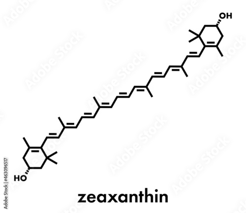 Zeaxanthin yellow pigment molecule. Responsible for color of bell peppers, corn, saffron, etc. Also plays important role in human eye (in the macula). Skeletal formula.