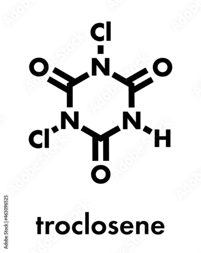 Troclosene (dichloroisocyanuric acid) molecule. Used as disinfectant, deodorant, biocide, detergent and in water purification. Skeletal formula.
