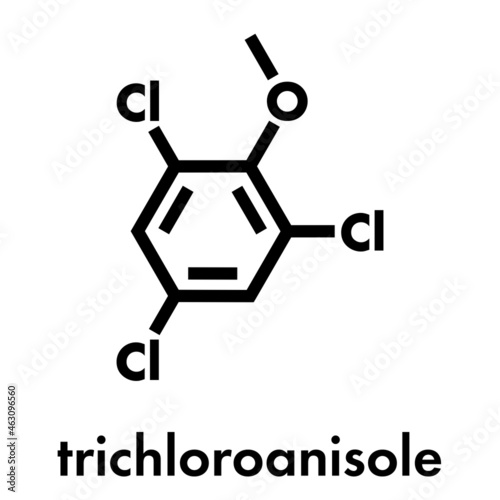 Trichloroanisole  TCA  cork taint molecule. Produced by fungi and bacteria  responsible for cork taint in bottled wine. Skeletal formula.