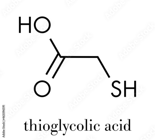 Thioglycolic acid (TGA) molecule. Used in chemical depilation and for making permanent waves (perms) in hair. The latter involves the ammonium thioglycolate form. Skeletal formula.