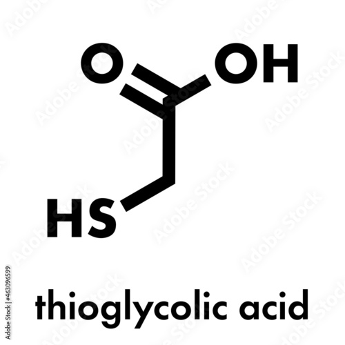 Thioglycolic acid (TGA) molecule. Used in chemical depilation and for making permanent waves (perms) in hair. The latter involves the ammonium thioglycolate form. Skeletal formula.