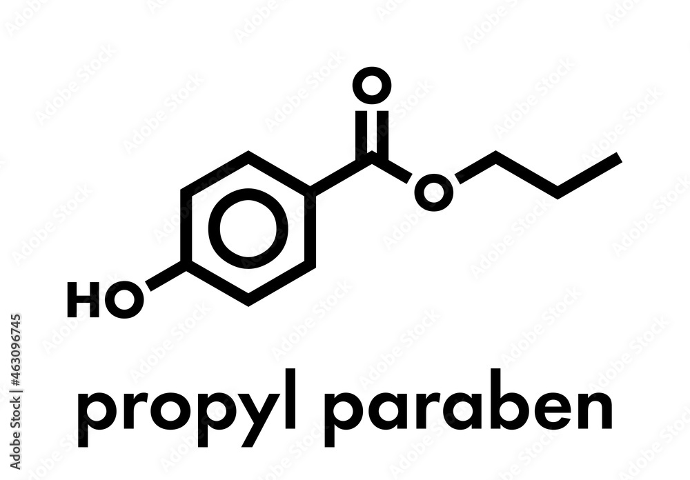 Propyl paraben preservative molecule. Used in food and cosmetics. Skeletal formula. Propyl paraben preservative molecule. Used in food and cosmetics. Skeletal formula.