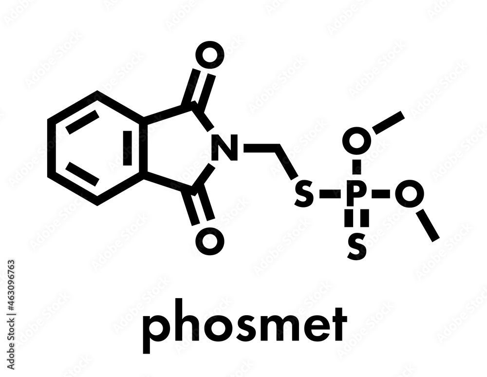 Phosmet organophosphate insecticide molecule. Skeletal formula. Phosmet organophosphate insecticide molecule. Skeletal formula.