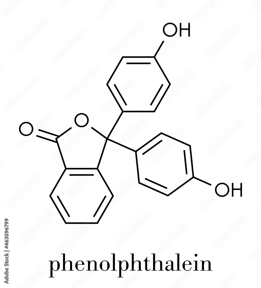 Phenolphthalein indicator molecule. Used in acid base titrations and as laxative. Skeletal formula. Phenolphthalein indicator molecule. Used in acid base titrations and as laxative. Skeletal formula.