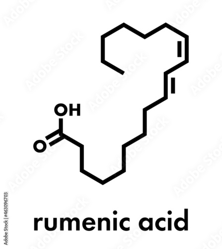 Rumenic acid (bovinic acid, conjugated linoleic acid, CLA) fatty acid molecule. Skeletal formula.