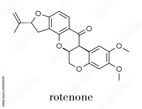 Rotenone broad-spectrum insecticide molecule. Also linked to development of Parkinson’s disease. Skeletal formula. photo
