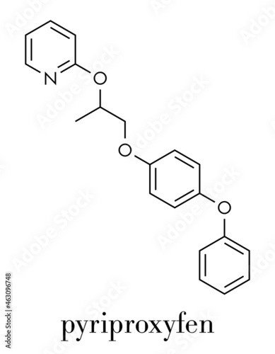 Pyriproxyfen pesticide molecule. Juvenile hormone analogue that prevents larvae from developing. Skeletal formula.