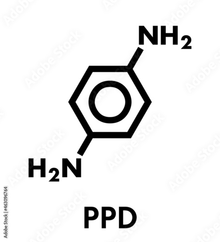 p-Phenylenediamine (PPD) hair dye molecule. Also precursor in polymer synthesis. Known contact allergen, possibly carcinogenic. Skeletal formula.