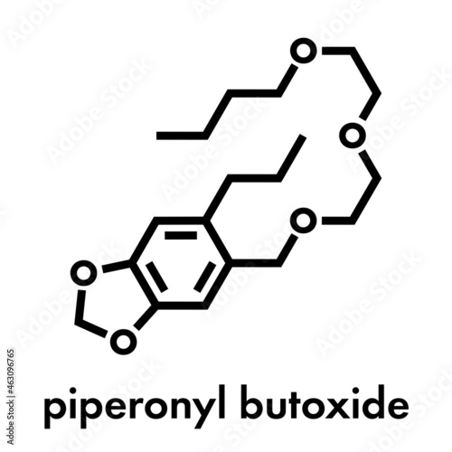 Piperonyl butoxide (PBO) pesticide synergist molecule. Increases potency of insecticides by inhibiting breakdown by cytochrome P450. Skeletal formula.