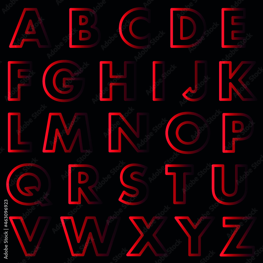 set of letters, english alphabet red neon