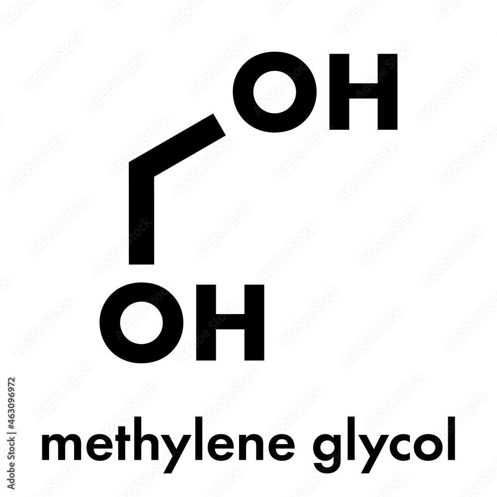 Methylene glycol (methanediol, formaldehyde monohydrate) molecule. Formed upon dissolving formaldehyde in water. Skeletal formula. Methylene glycol (methanediol, formaldehyde monohydrate) molecule. Formed upon dissolving formaldehyde in water. Skeletal formula.