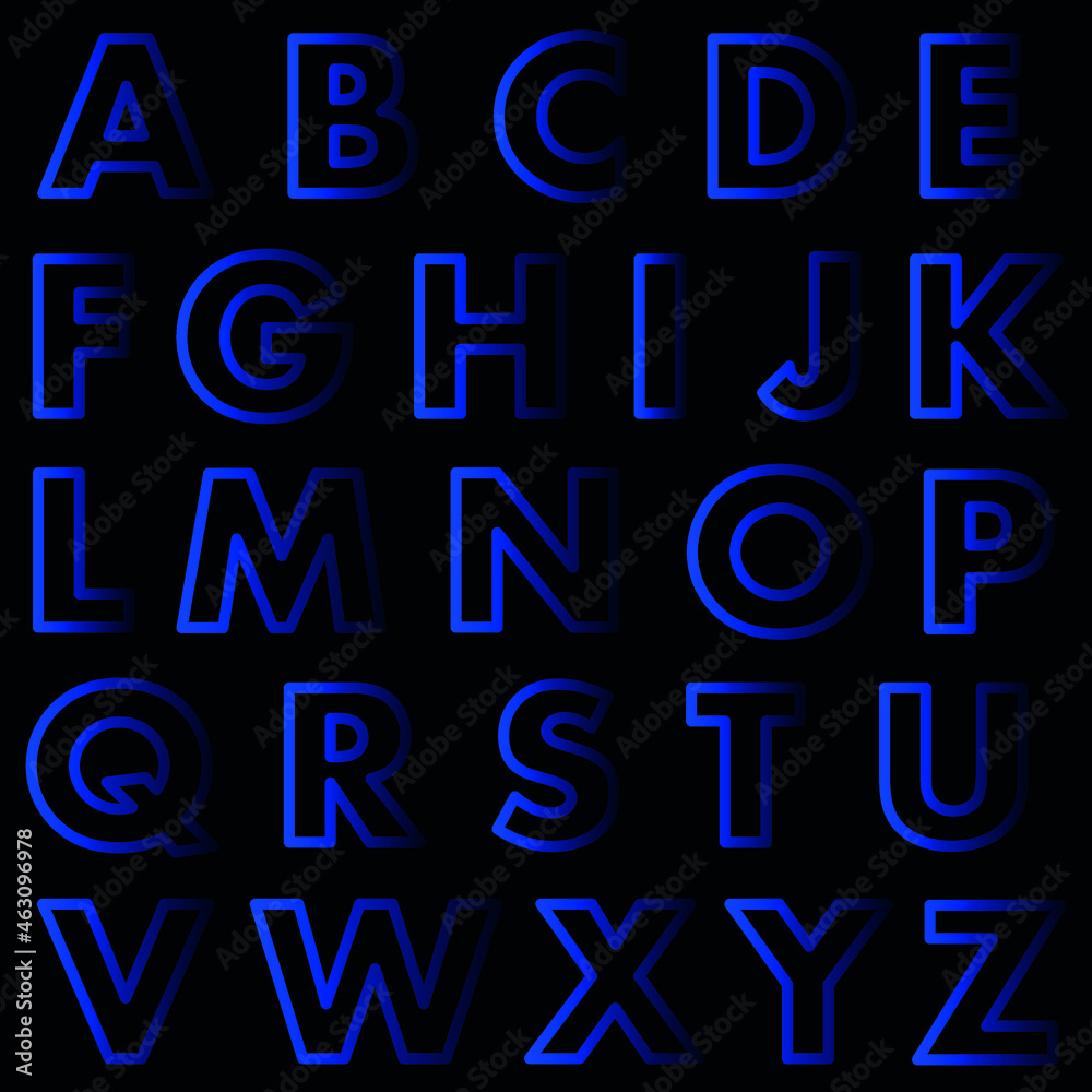 set of letters, english alphabet blue neon