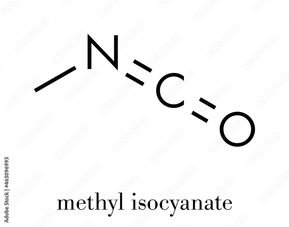 Methyl isocyanate (MIC) toxic molecule. Important chemical that was responsible for thousands of deaths in the Bhopal disaster. Skeletal formula. Methyl isocyanate (MIC) toxic molecule. Important chemical that was responsible for thousands of deaths in the Bhopal disaster. Skeletal formula.