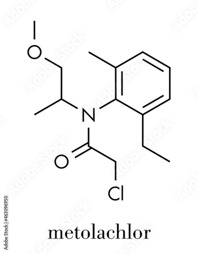 Metolachlor herbicide (weed killer) molecule. Skeletal formula.