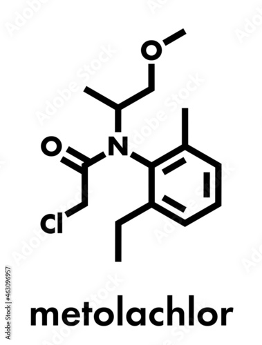 Metolachlor herbicide (weed killer) molecule. Skeletal formula.