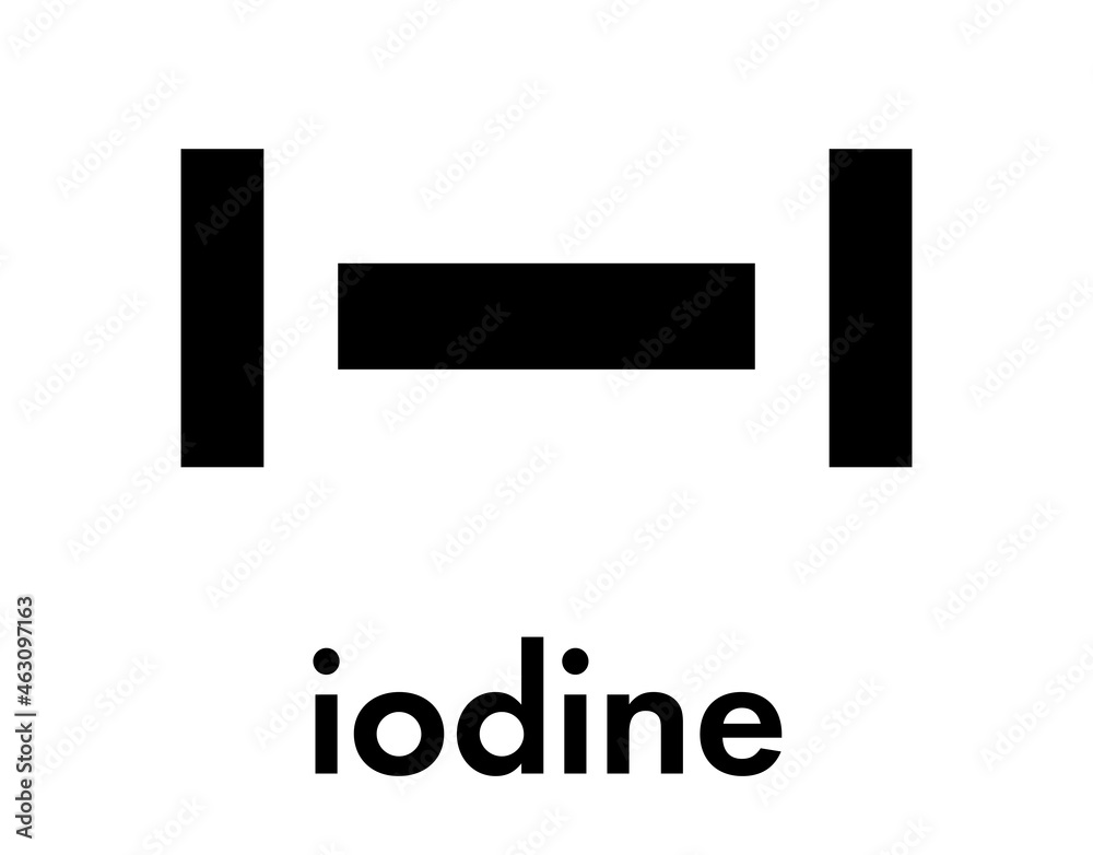 Iodine (I2) molecule. Solutions of elemental iodine are used as
