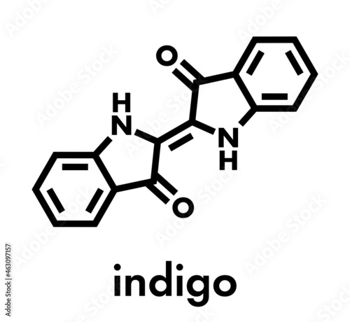 Indigotin indigo dye molecule. Used to color cotton in the production of denim cloth for blue jeans. Skeletal formula.