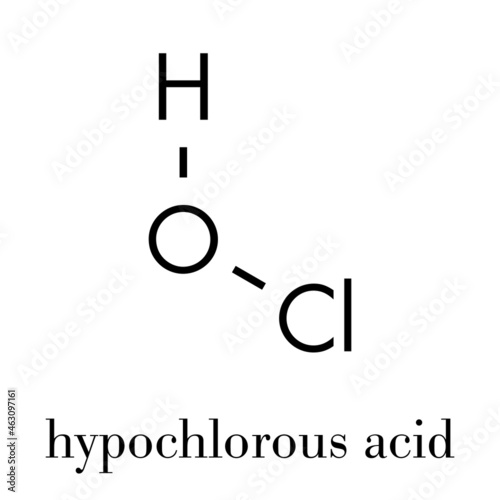 Hypochlorous acid (HClO) disinfectant molecule. Formed when chlorine is dissolved in water. Skeletal formula.