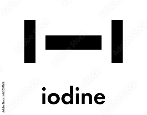 Iodine (I2) molecule. Solutions of elemental iodine are used as disinfectants. Skeletal formula.