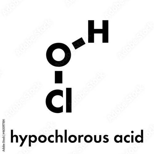 Hypochlorous acid (HClO) disinfectant molecule. Formed when chlorine is dissolved in water. Skeletal formula.