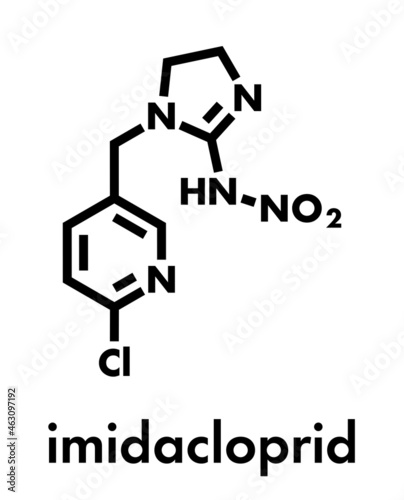 Imidacloprid neonicotinoid insecticide. Insect neurotoxin that may contribute to honey bee colony collapse disorder. Skeletal formula.