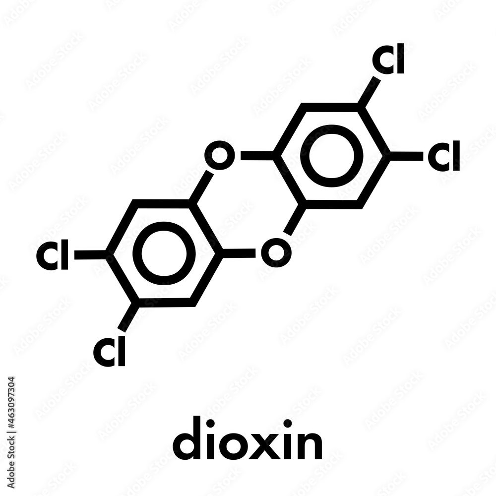 TCDD polychlorinated dibenzodioxin pollutant molecule (commonly called dioxin). Byproduct formed during incineration of chlorine-containing materials. Skeletal formula. TCDD polychlorinated dibenzodioxin pollutant molecule (commonly called dioxin). Byproduct formed during incineration of chlorine-containing materials. Skeletal formula.