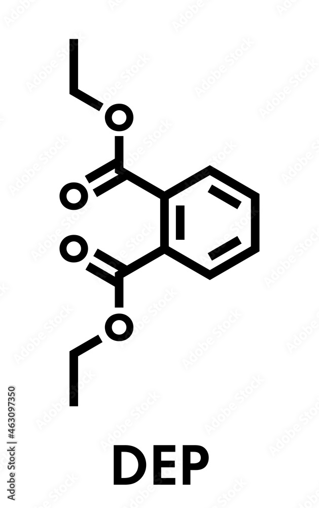 Diethyl phthalate (DEP) plasticizer molecule. Skeletal formula. Diethyl phthalate (DEP) plasticizer molecule. Skeletal formula.