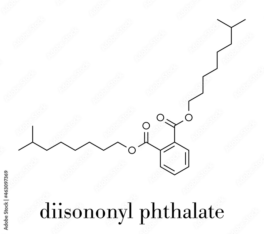Diisononyl phthalate (DINP) plasticizer molecule. Skeletal formula. Diisononyl phthalate (DINP) plasticizer molecule. Skeletal formula.