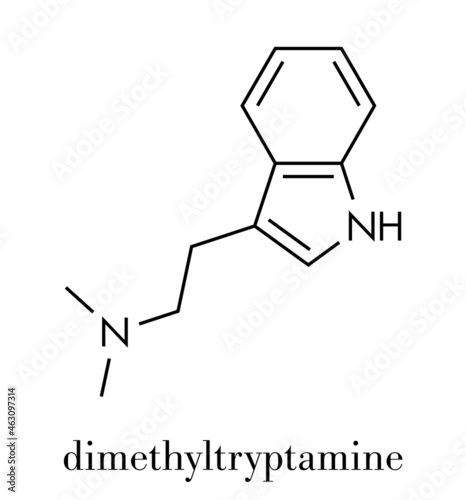 Dimethyltryptamine (DMT) psychedelic drug molecule. Present in the drink ayahuasca. Skeletal formula.