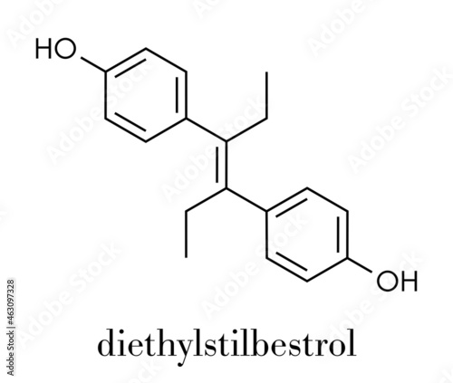 Diethylstilbestrol (DES, stilboestrol) synthetic estrogen molecule, chemical structure. Skeletal formula.