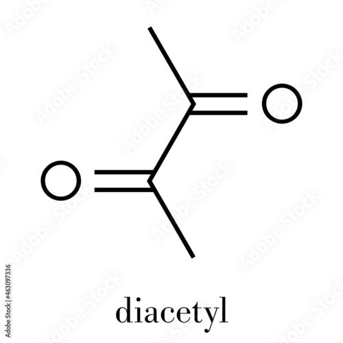 Diacetyl (butanedione) molecule. Responsible for taste of butter. Used for butter flavouring. Causes popcorn worker’s lung (bronchiolitis obliterans). Skeletal formula.