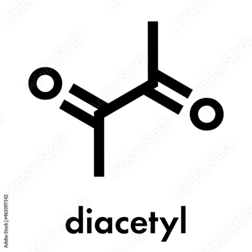 Diacetyl (butanedione) molecule. Responsible for taste of butter. Used for butter flavouring. Causes popcorn worker’s lung (bronchiolitis obliterans). Skeletal formula.