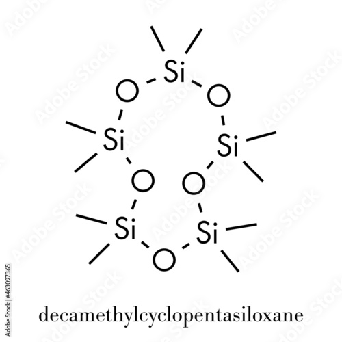 Decamethylcyclopentasiloxane (D5) molecule. Cyclic silicone chemical, frequently used in cosmetics (deodorants, sunblocks, hair and skin care, etc.). Skeletal formula.