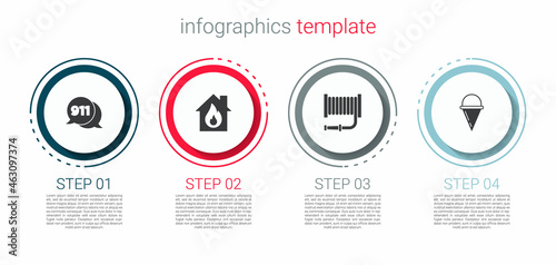 Set Telephone call 911, Fire in burning house, hose reel and cone bucket. Business infographic template. Vector