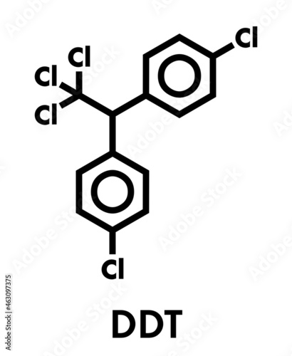 DDT (dichlorodiphenyltrichloroethane) molecule. Controversial pesticide, used in agriculture and for malaria disease vector control. Skeletal formula.