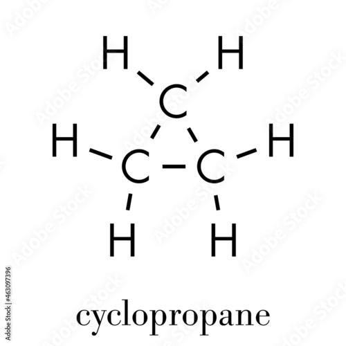 Cyclopropane cycloalkane molecule. Used as anaesthetic. Skeletal formula.