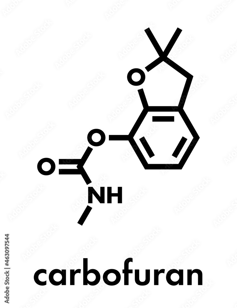 Carbofuran carbamate pesticide molecule. Insecticide that is also highly toxic to humans and wildlife. Skeletal formula. Carbofuran carbamate pesticide molecule. Insecticide that is also highly toxic to humans and wildlife. Skeletal formula.