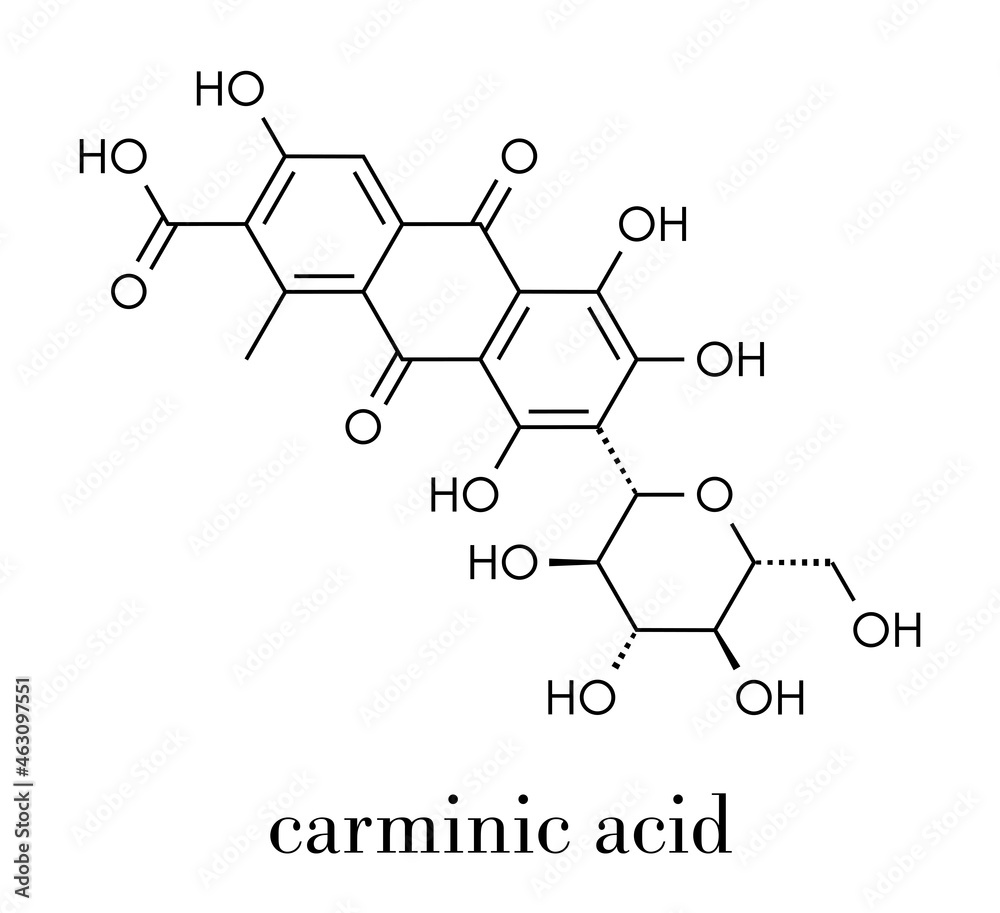 Carminic acid pigment molecule. Occurs naturally in cochineal (scale insect). Skeletal formula.