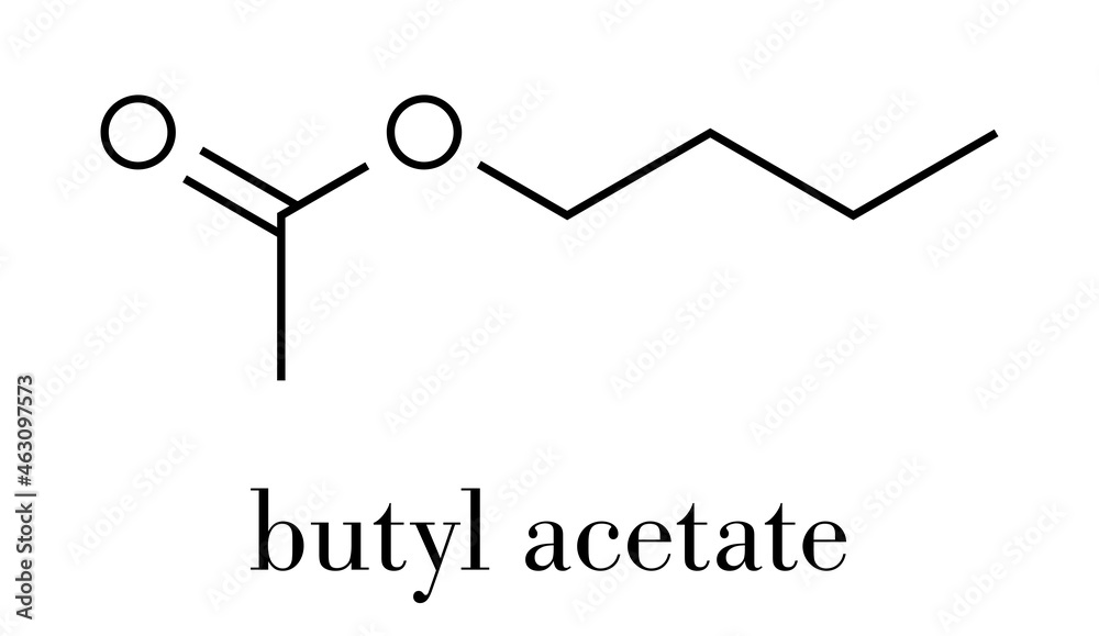 Butyl acetate molecule. Used as synthetic fruit flavoring and as organic solvent. Skeletal formula. Butyl acetate molecule. Used as synthetic fruit flavoring and as organic solvent. Skeletal formula.