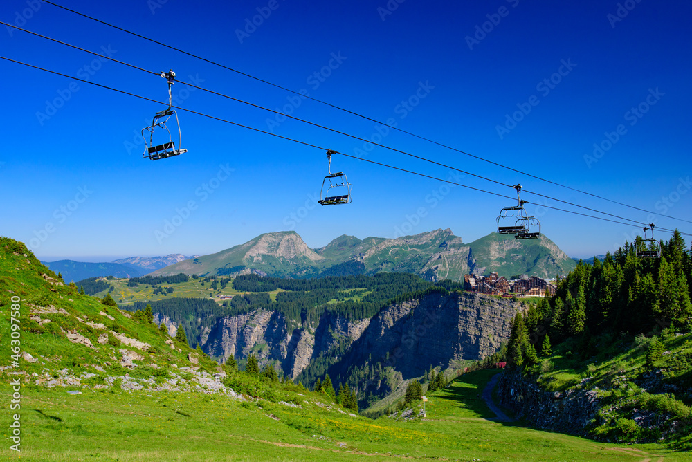 View of Avoriaz in summer with gondola lift, a mountain resort in Portes du Soleil, France, Europe