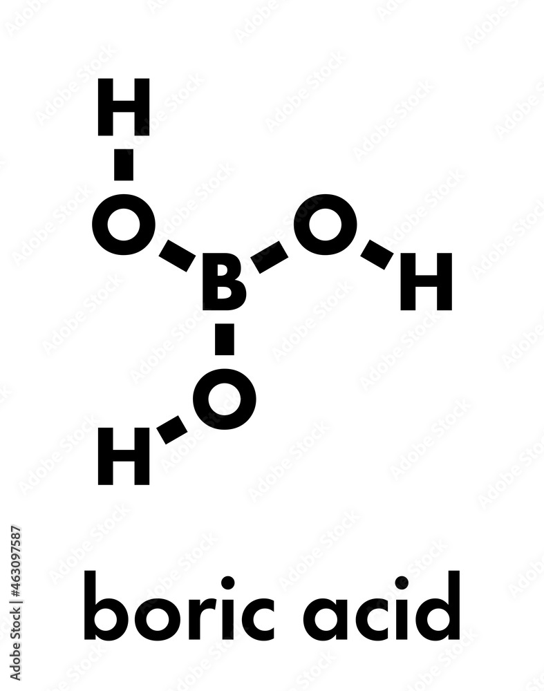 Boric acid molecule. Also known as hydrogen borate, boracic acid, orthoboric acid and acidum boricum. Skeletal formula. Boric acid molecule. Also known as hydrogen borate, boracic acid, orthoboric acid and acidum boricum. Skeletal formula.
